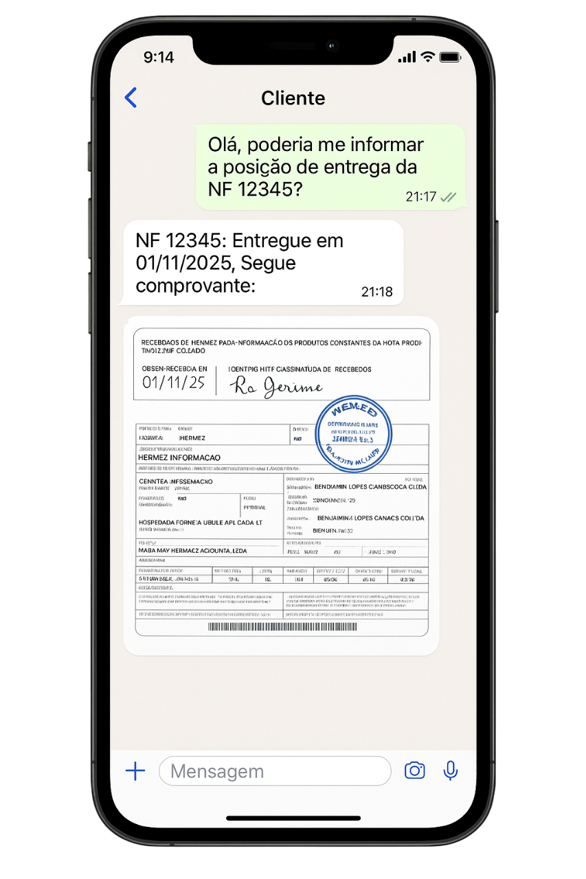 Consulta instantânea de notas fiscais, pedidos e CT-es pelo WhatsApp com envio automático de comprovantes de entrega